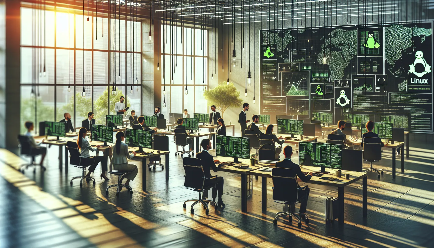 Иллюстрация к статье «Тенденции использования Linux в крупных компаниях и их влияние на рынок» — группа профессионалов, работающих за компьютерами с логотипа…