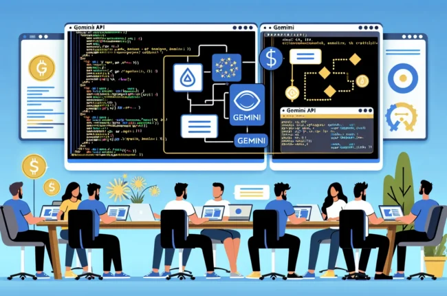 Иллюстрация к статье «Тест Gemini API: пошаговое руководство для разработчиков» — молодой разработчик славянской внешности работает за ноутбуком, на экране в…