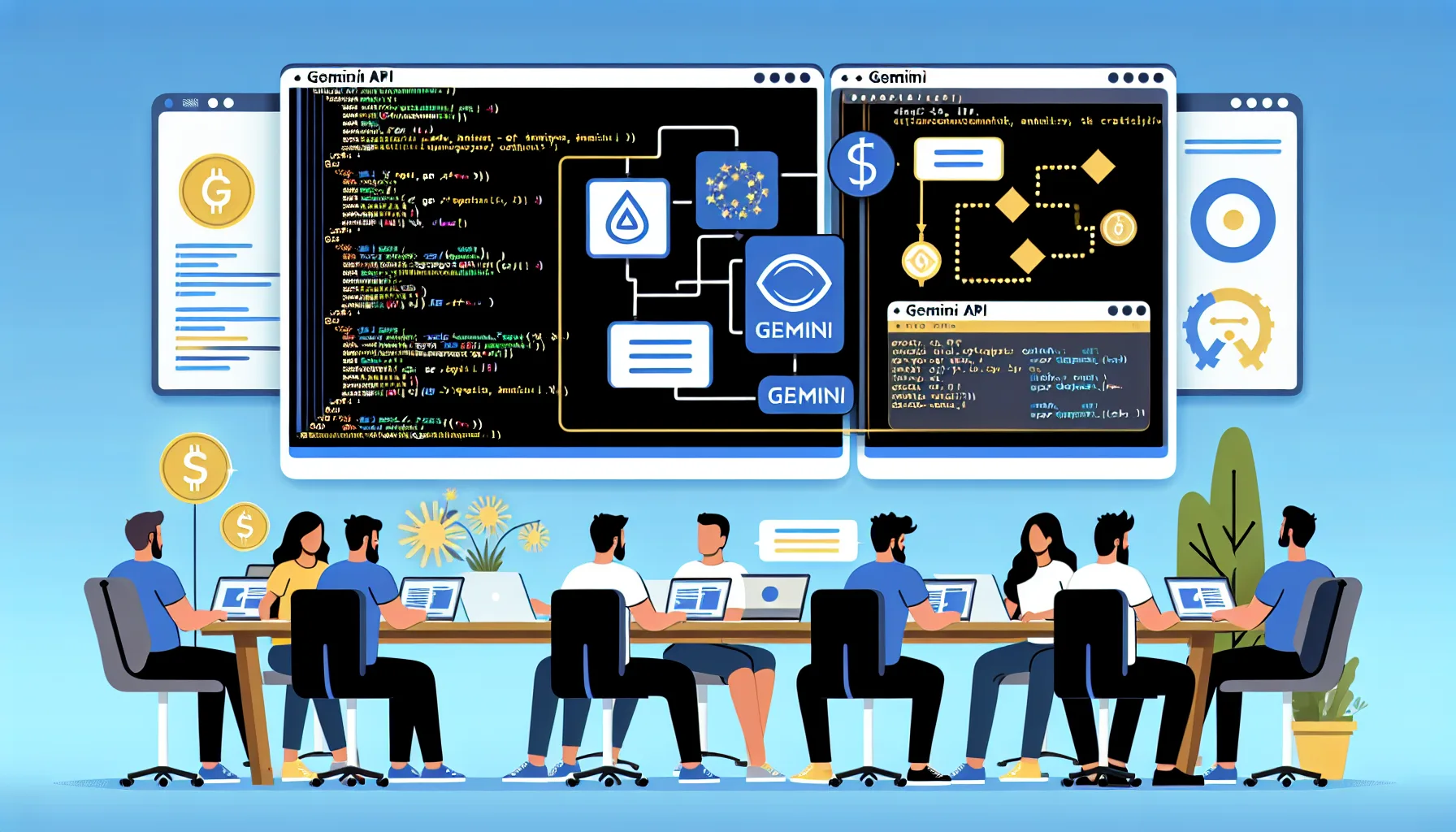 Иллюстрация к статье «Тест Gemini API: пошаговое руководство для разработчиков» — молодой разработчик славянской внешности работает за ноутбуком, на экране в…