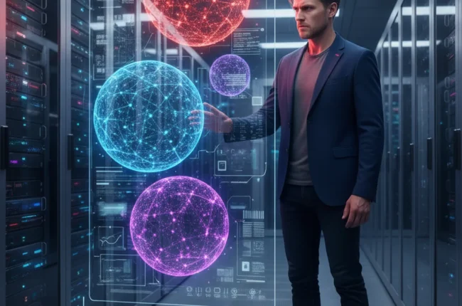 Иллюстрация к статье «Тест Kimi AI: Сможет ли китайский ИИ обойти Opus 4.5 и GPT 5.2?» — A focused male technology analyst with Slavic features (fair skin, l…