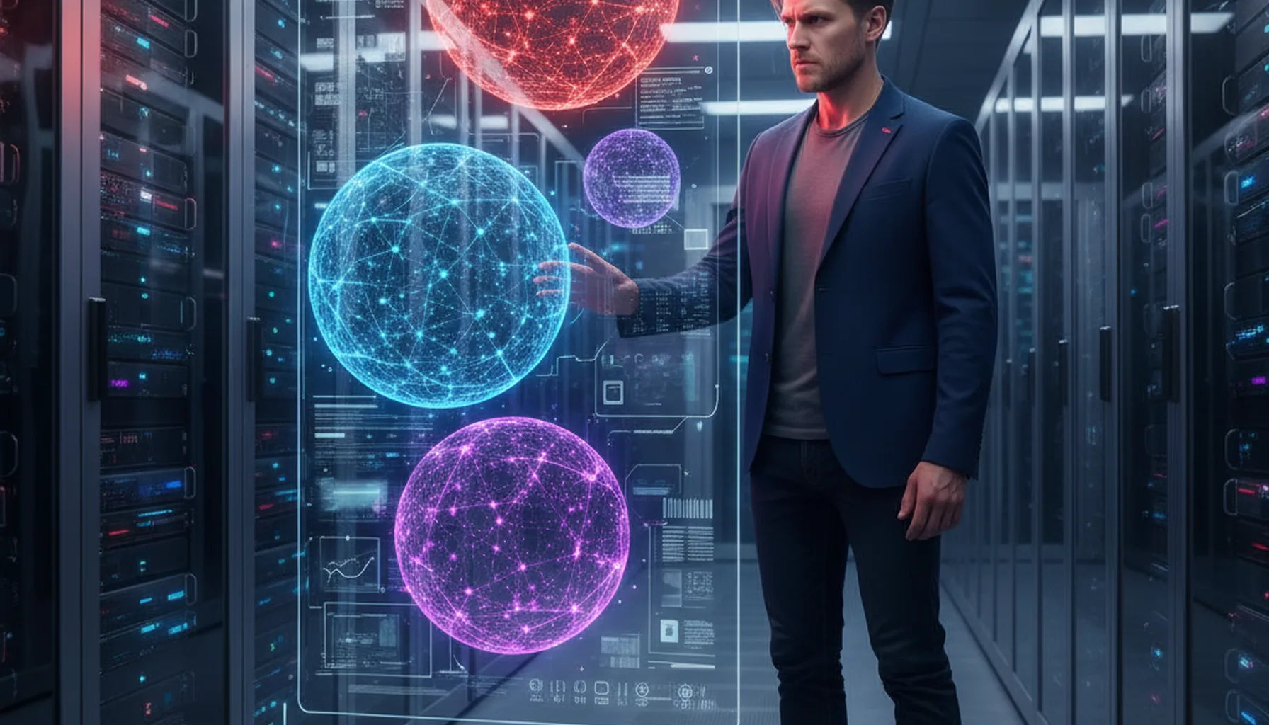 Иллюстрация к статье «Тест Kimi AI: Сможет ли китайский ИИ обойти Opus 4.5 и GPT 5.2?» — A focused male technology analyst with Slavic features (fair skin, l…