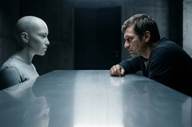 Иллюстрация к статье «Тест Тьюринга провален? Почему мы до сих пор спорим, является ли AI интеллектом» — Мужчина славянской внешности (30-40 лет) сидит за ст…