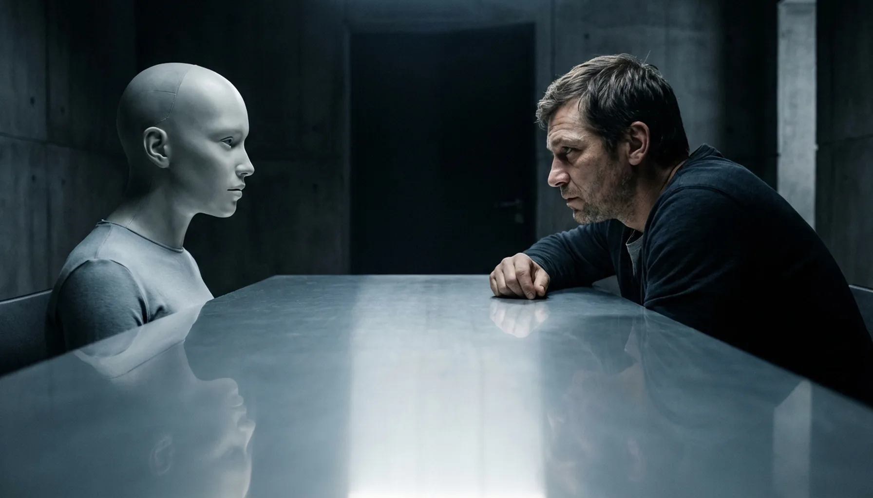 Иллюстрация к статье «Тест Тьюринга провален? Почему мы до сих пор спорим, является ли AI интеллектом» — Мужчина славянской внешности (30-40 лет) сидит за ст…