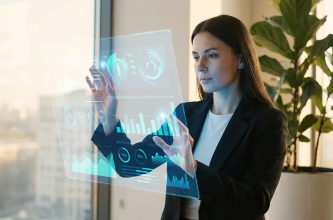 Иллюстрация к статье «Топ-10 AI-инструментов для повышения продуктивности на работе в 2024 году» — Женщина со славянской внешностью (25-35 лет), в современно…