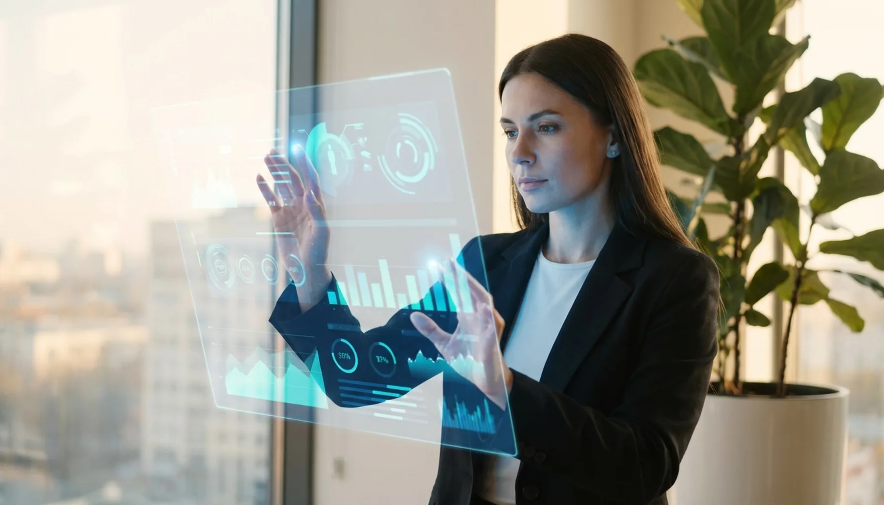 Иллюстрация к статье «Топ-10 AI-инструментов для повышения продуктивности на работе в 2024 году» — Женщина со славянской внешностью (25-35 лет), в современно…