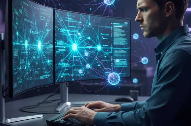 Иллюстрация к статье «Топ-10 нейросетей для программистов: Рейтинг лучших AI-моделей 2024 года» — A professional software engineer with distinct Slavic (East…