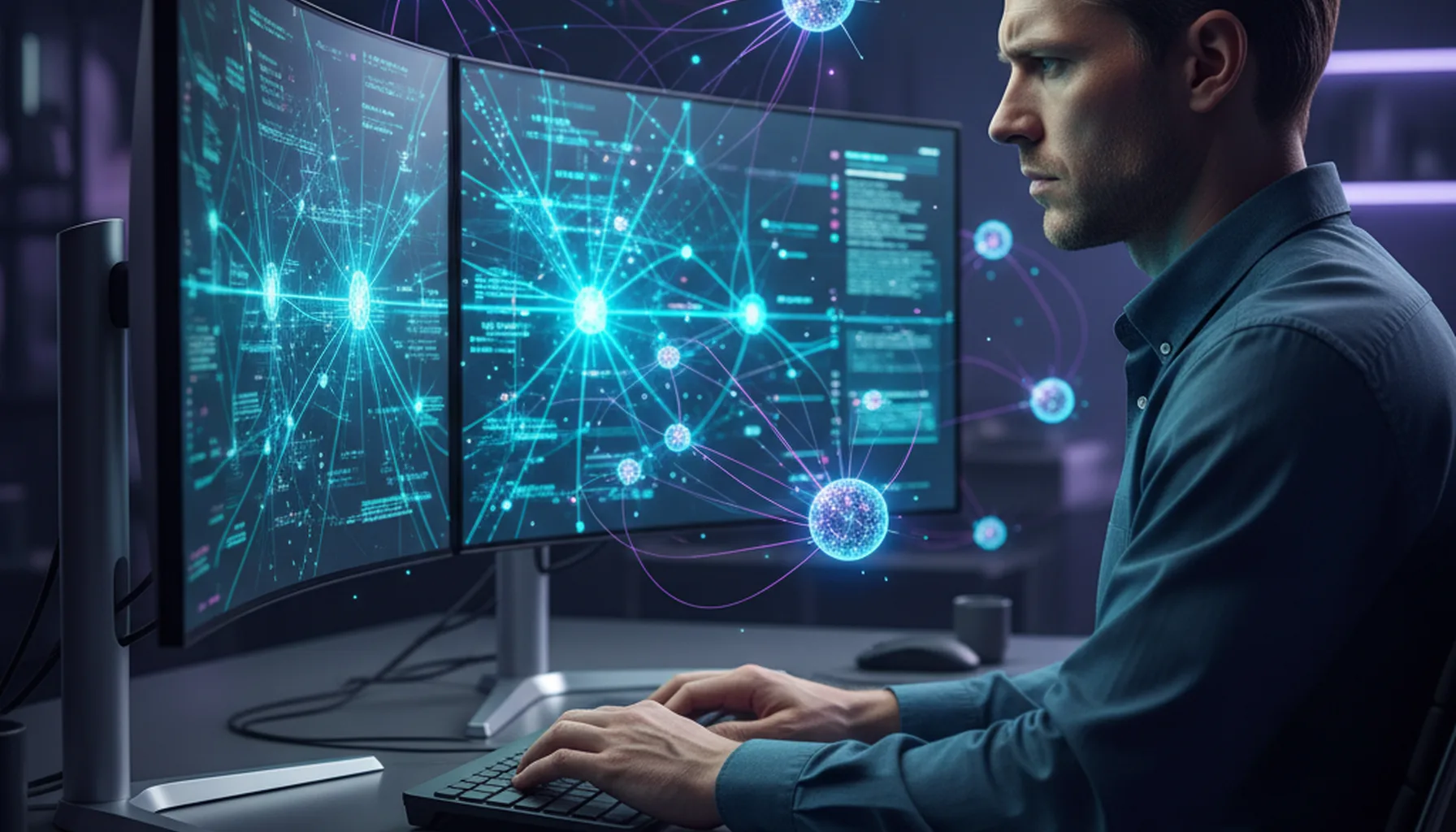 Иллюстрация к статье «Топ-10 нейросетей для программистов: Рейтинг лучших AI-моделей 2024 года» — A professional software engineer with distinct Slavic (East…