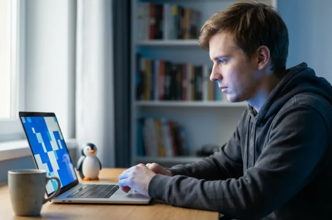 Иллюстрация к статье «Топ-20 базовых команд Linux для новичков: Полный гайд с примерами» — A focused young man of Slavic appearance (Eastern European feature…