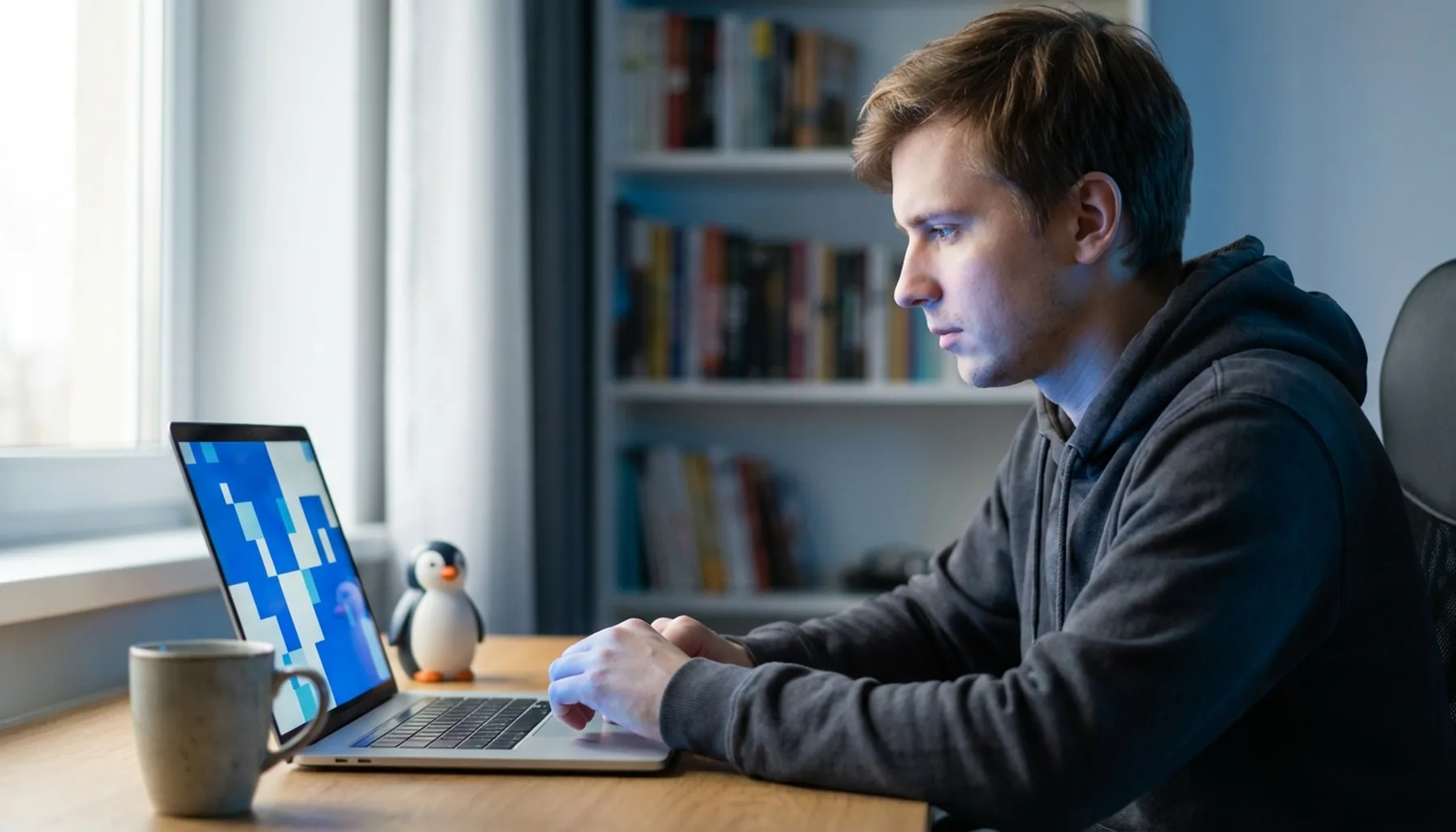 Иллюстрация к статье «Топ-20 базовых команд Linux для новичков: Полный гайд с примерами» — A focused young man of Slavic appearance (Eastern European feature…