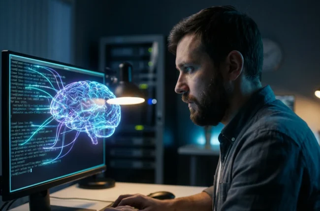 Иллюстрация к статье «Топ-5 CLI моделей для терминала Linux: Рейтинг лучших ИИ-помощников 2024» — Программист славянской внешности, мужчина 25-35 лет, сидит …