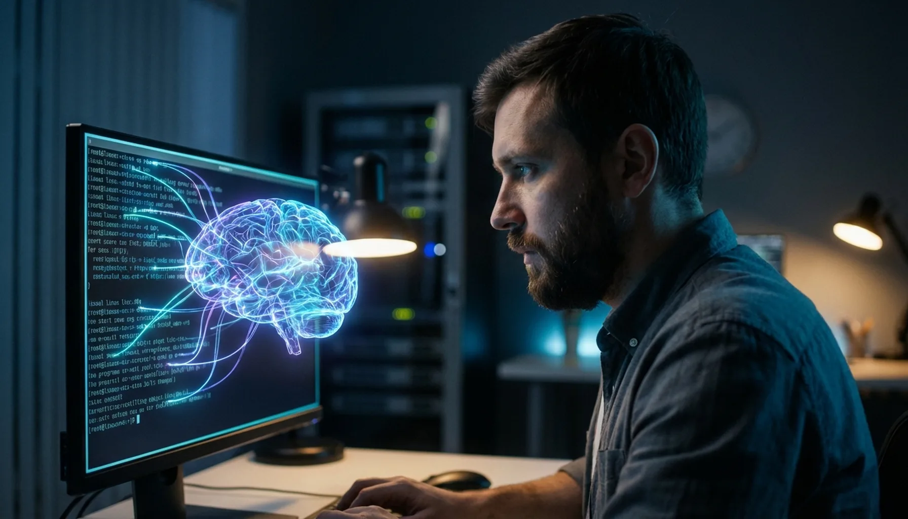 Иллюстрация к статье «Топ-5 CLI моделей для терминала Linux: Рейтинг лучших ИИ-помощников 2024» — Программист славянской внешности, мужчина 25-35 лет, сидит …