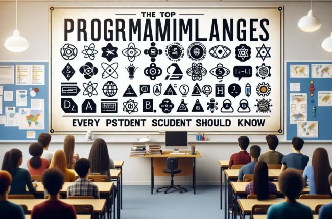 Иллюстрация к статье «Топ языков программирования, которые должен знать каждый студент» — молодой студент славянской внешности, работающий за ноутбуком с отк…