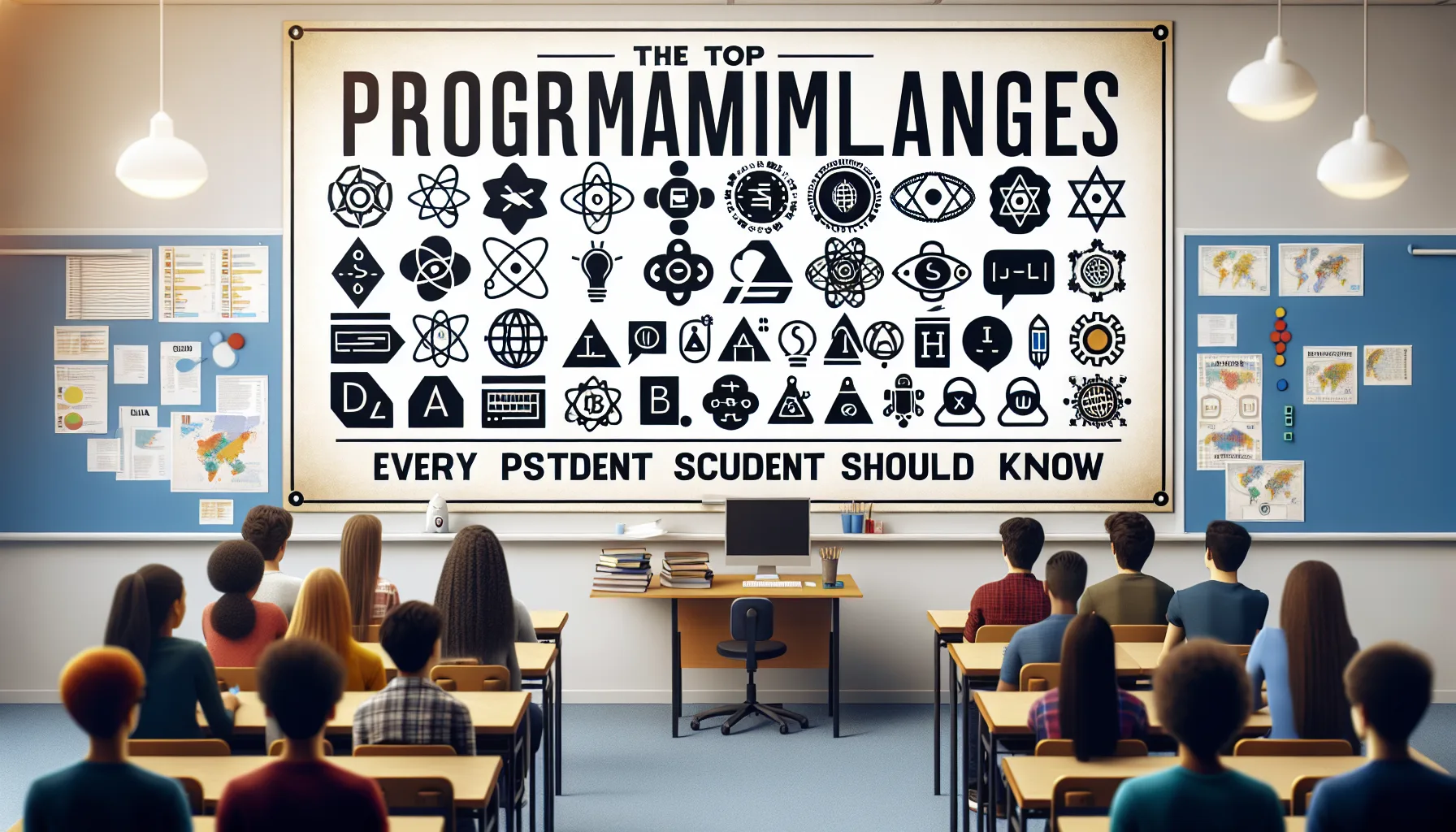 Иллюстрация к статье «Топ языков программирования, которые должен знать каждый студент» — молодой студент славянской внешности, работающий за ноутбуком с отк…