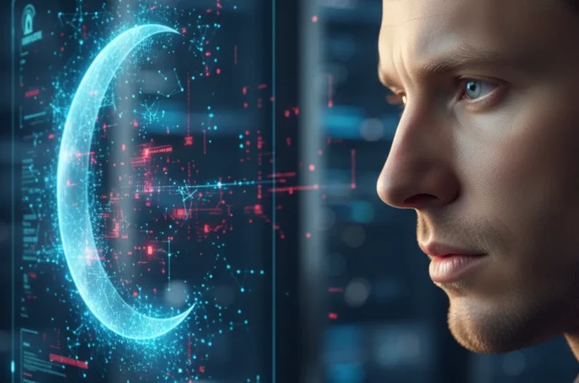 Иллюстрация к статье «Убийца ChatGPT из Китая? Тестируем уникальные возможности Moonshot Kimi» — A focused tech analyst of Slavic appearance (Eastern Europea…