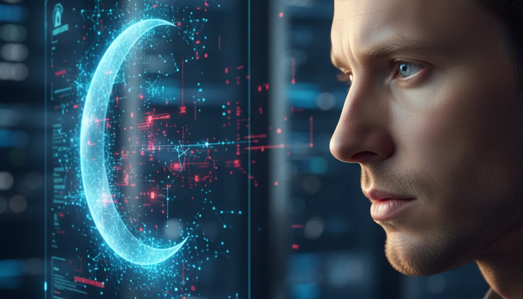 Иллюстрация к статье «Убийца ChatGPT из Китая? Тестируем уникальные возможности Moonshot Kimi» — A focused tech analyst of Slavic appearance (Eastern Europea…