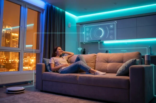 Иллюстрация к статье «Умный дом с ИИ: как технологии делают вашу квартиру комфортнее и безопаснее» — Молодая женщина славянской внешности отдыхает на диване …