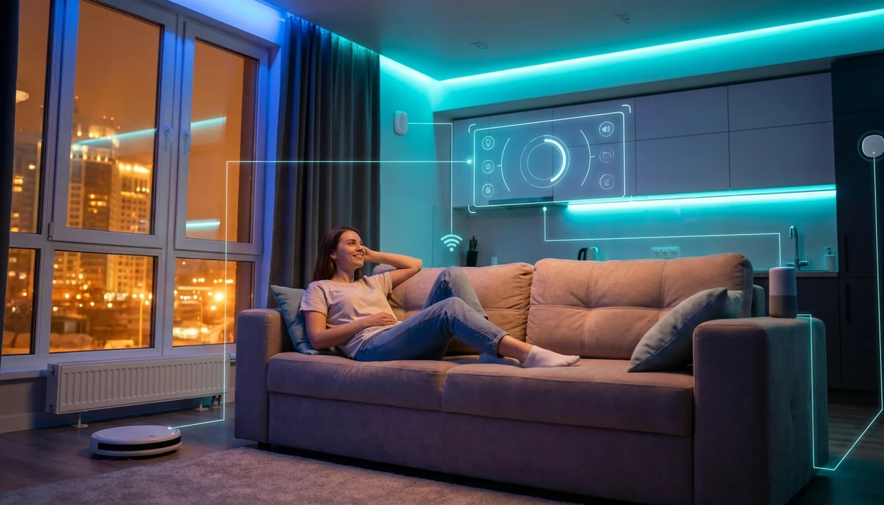 Иллюстрация к статье «Умный дом с ИИ: как технологии делают вашу квартиру комфортнее и безопаснее» — Молодая женщина славянской внешности отдыхает на диване …