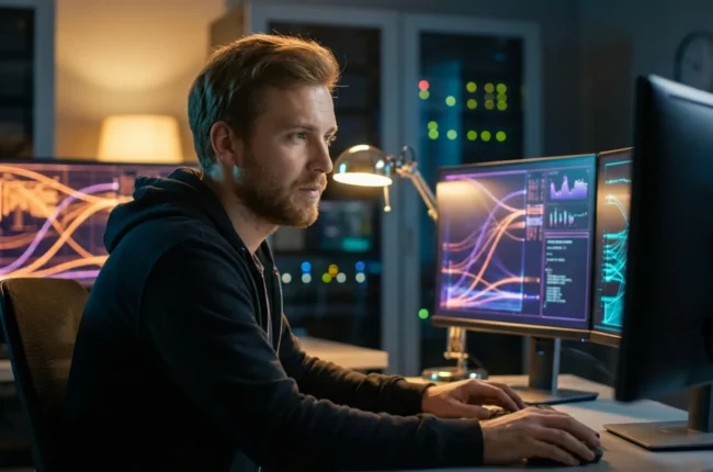 Иллюстрация к статье «Установка Gemini CLI на Ubuntu: Полный список команд для терминала» — A focused male software developer with Slavic appearance (Eastern…