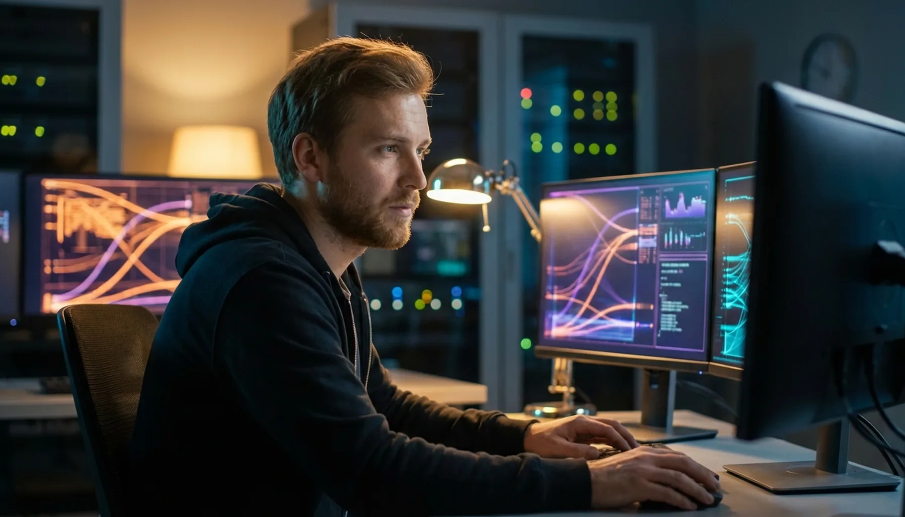 Иллюстрация к статье «Установка Gemini CLI на Ubuntu: Полный список команд для терминала» — A focused male software developer with Slavic appearance (Eastern…