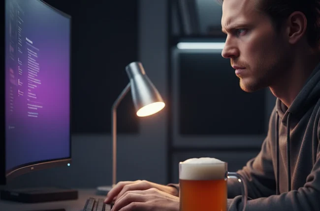 Иллюстрация к статье «Установка Gemini CLI через Homebrew: Полное пошаговое руководство» — Focused male developer with distinct Slavic features (Eastern Euro…