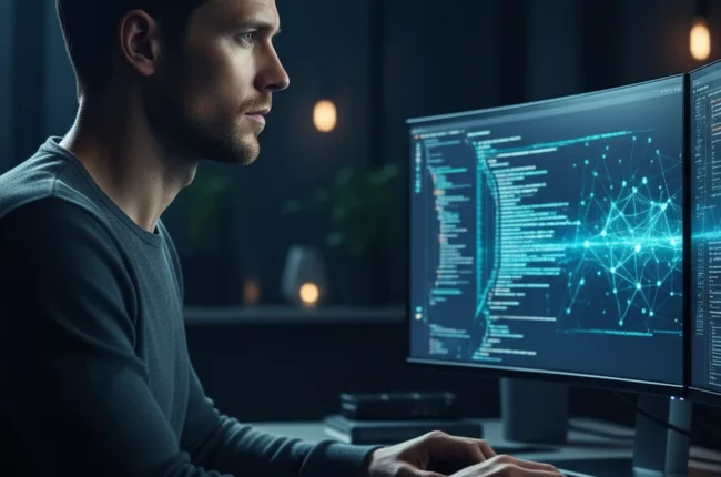 Иллюстрация к статье «Установка Kimi CLI: всё, что нужно знать для работы с нейросетью в консоли» — A focused male developer with natural Slavic (Eastern Eur…