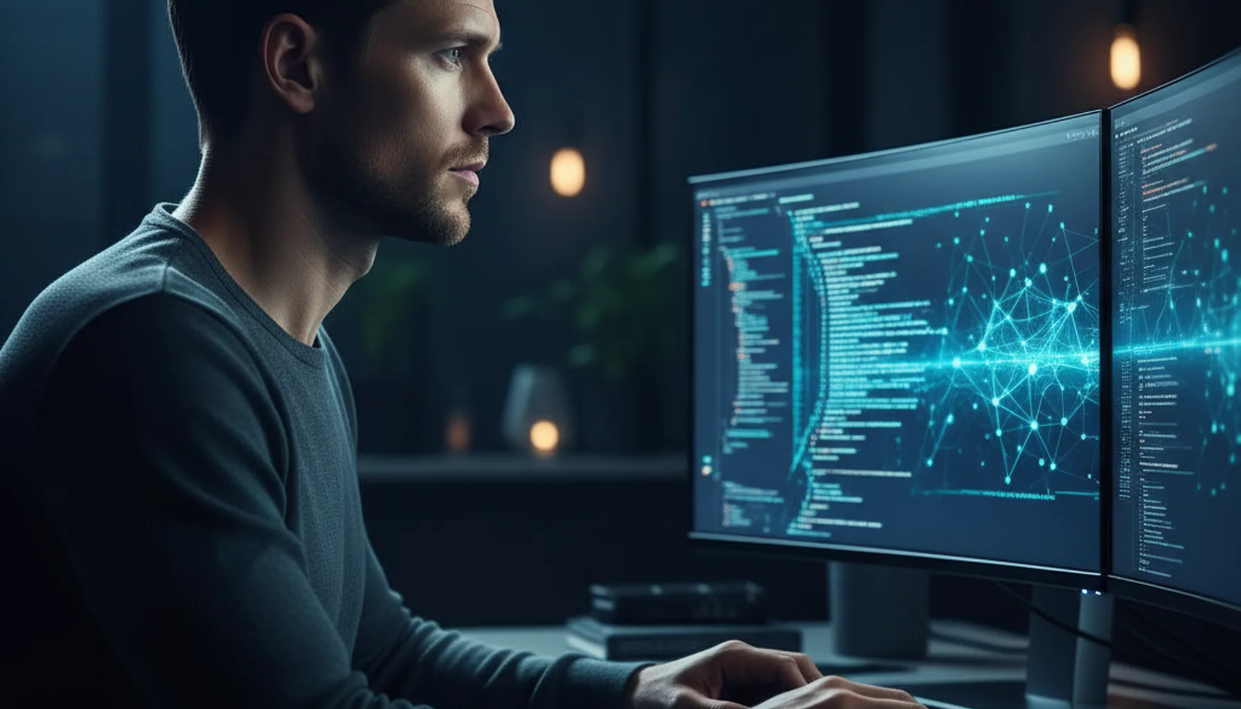 Иллюстрация к статье «Установка Kimi CLI: всё, что нужно знать для работы с нейросетью в консоли» — A focused male developer with natural Slavic (Eastern Eur…