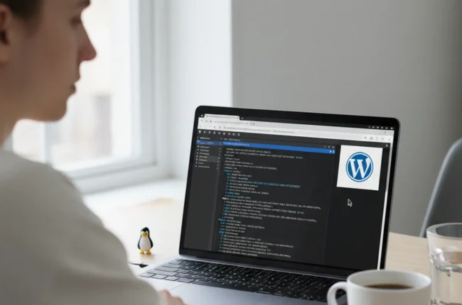 Иллюстрация к статье «Установка и настройка WordPress на Linux VPS самостоятельно: Простой гайд 2024» — Молодой человек или девушка славянской внешности, сос…