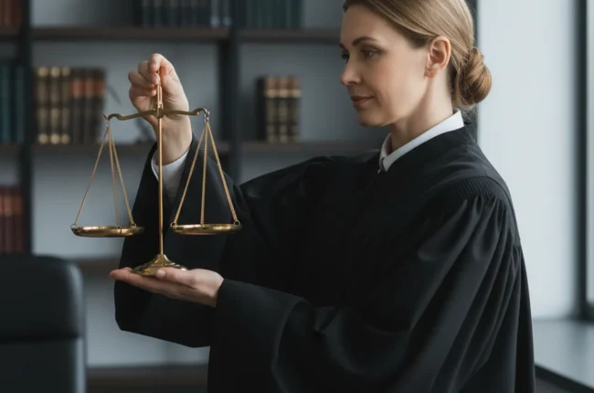 Иллюстрация к статье «Феминизация судебной власти: статистика, причины и последствия для правосудия» — Женщина-судья славянской внешности, 40-50 лет, в манти…