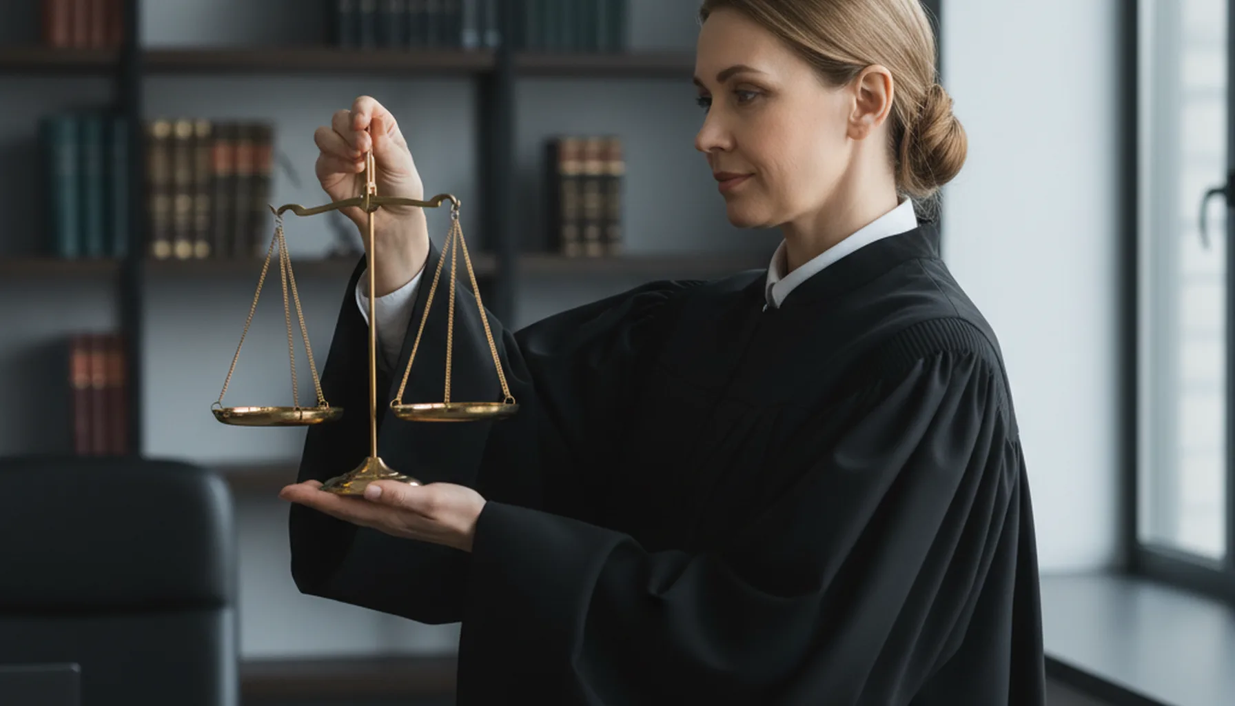 Иллюстрация к статье «Феминизация судебной власти: статистика, причины и последствия для правосудия» — Женщина-судья славянской внешности, 40-50 лет, в манти…
