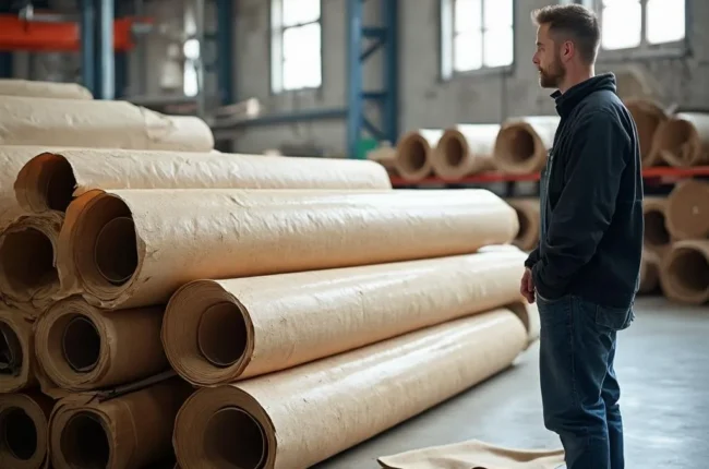 Иллюстрация к статье «Цена на рубероид в Одессе: от производителя до магазина» — A close-up of roofing material rolls (ruberoid) with different textures and …