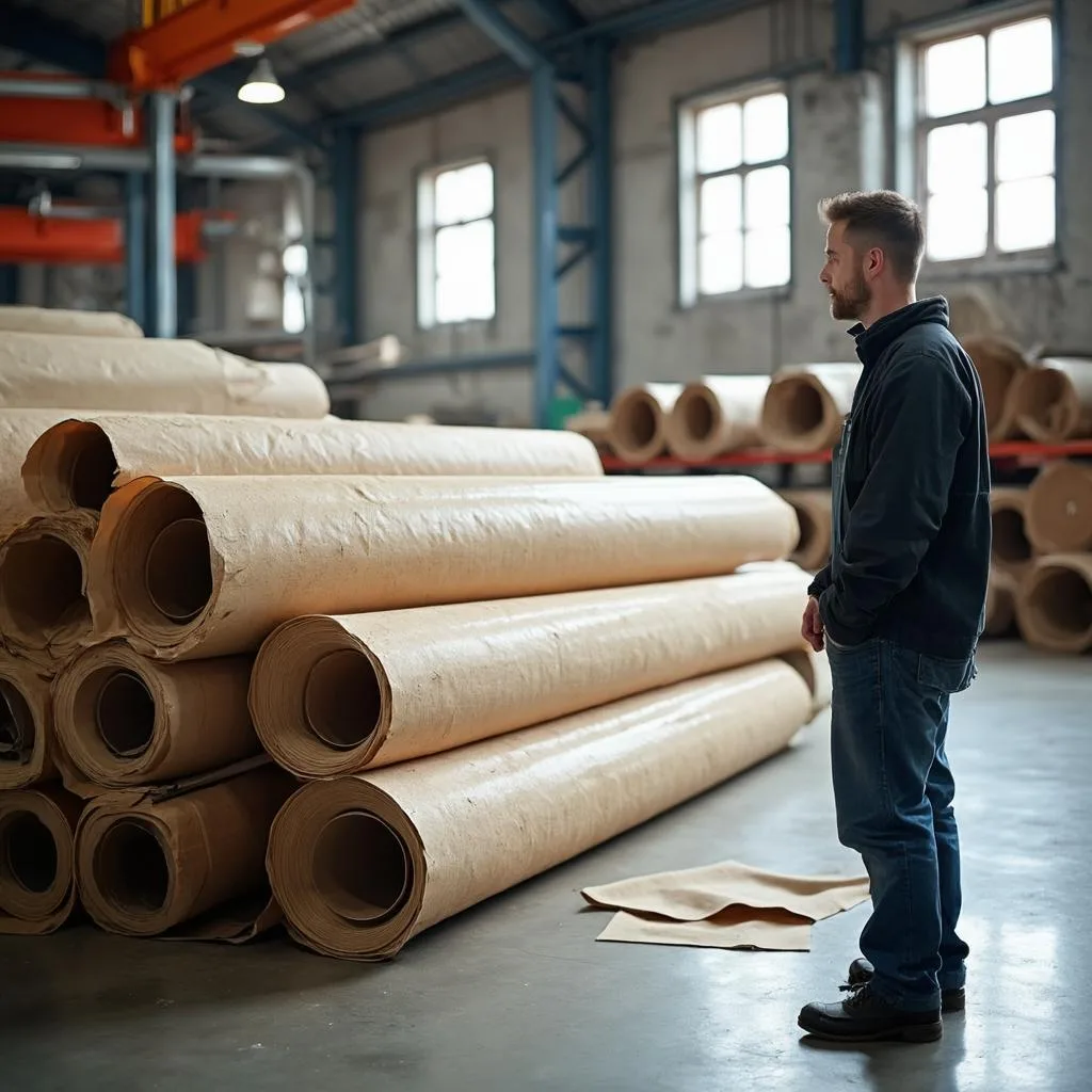 Иллюстрация к статье «Цена на рубероид в Одессе: от производителя до магазина» — A close-up of roofing material rolls (ruberoid) with different textures and …