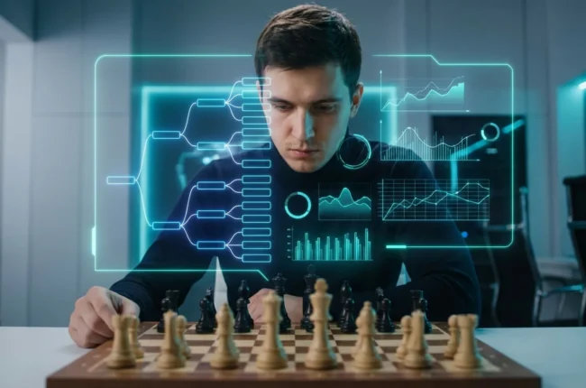 Иллюстрация к статье «Человек + ИИ: Как Нейросети Меняют Подготовку Шахматистов и Будущее Игры» — Молодой шахматист славянской внешности сосредоточенно смотр…