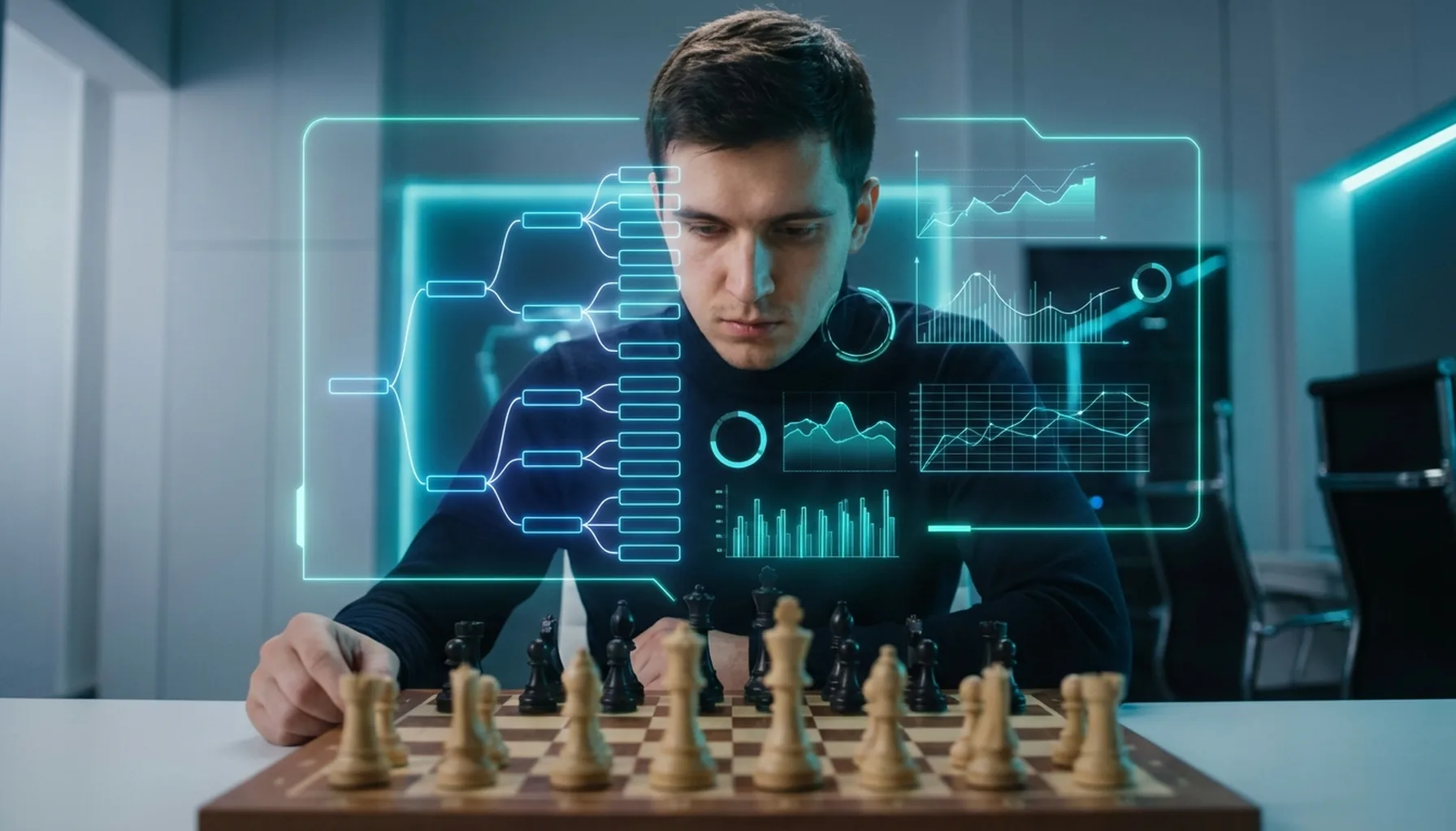 Иллюстрация к статье «Человек + ИИ: Как Нейросети Меняют Подготовку Шахматистов и Будущее Игры» — Молодой шахматист славянской внешности сосредоточенно смотр…