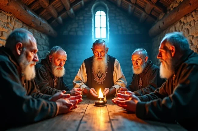 Иллюстрация к статье «Что представляет собой ритуал Пульса Денура» — A solemn gathering of elderly Slavic men and women in traditional dark clothing, their f…