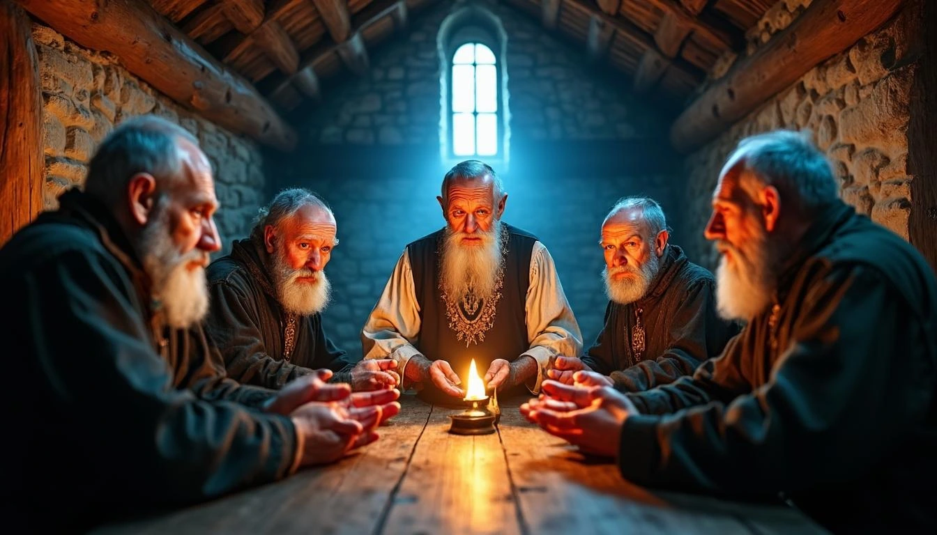 Иллюстрация к статье «Что представляет собой ритуал Пульса Денура» — A solemn gathering of elderly Slavic men and women in traditional dark clothing, their f…