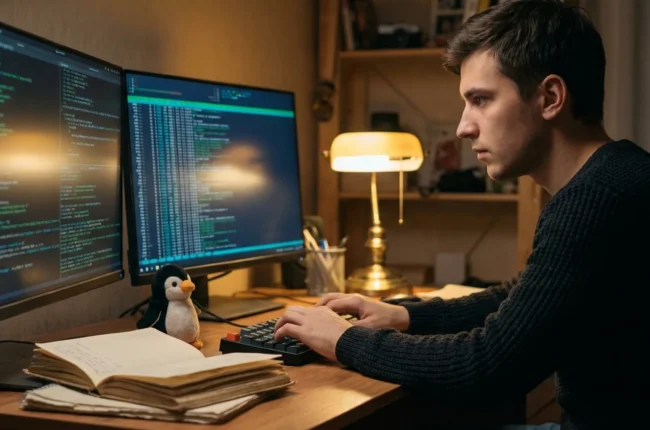 Иллюстрация к статье «Шпаргалка по командам Linux: Большой справочник для начинающих пользователей» — A focused young professional with Slavic Eastern Europe…