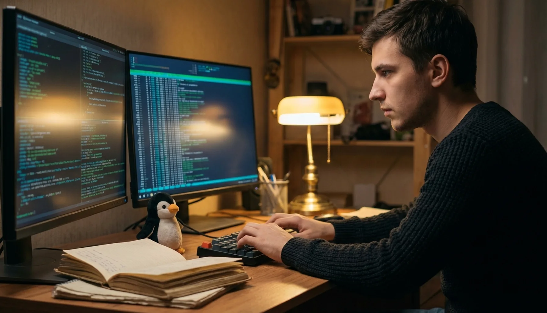 Иллюстрация к статье «Шпаргалка по командам Linux: Большой справочник для начинающих пользователей» — A focused young professional with Slavic Eastern Europe…