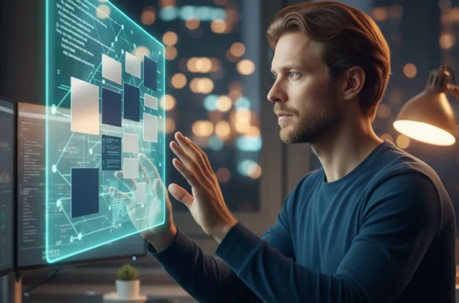 Иллюстрация к статье «Эволюция веб-мастера: Как Manus AI меняет подход к разработке и управлению контентом» — A focused professional male web developer with …