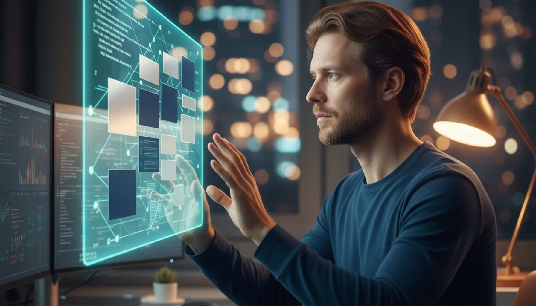 Иллюстрация к статье «Эволюция веб-мастера: Как Manus AI меняет подход к разработке и управлению контентом» — A focused professional male web developer with …