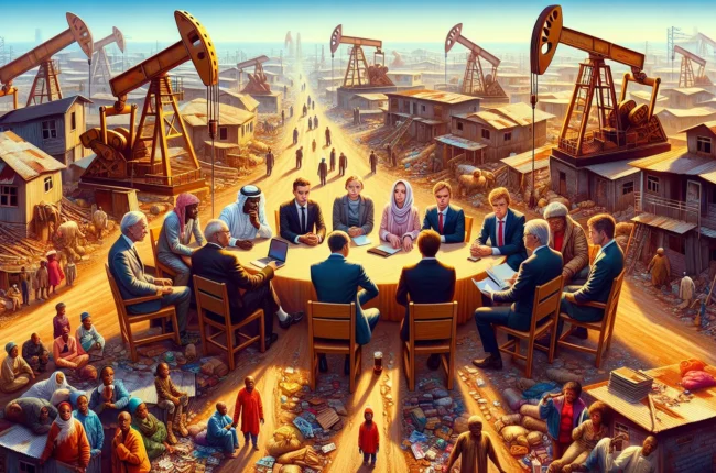 Иллюстрация к статье «Экономика Нигерии: Почему нефтяные доходы не решают проблему бедности?» — группа людей, обсуждающих экономические проблемы на фоне нефт…