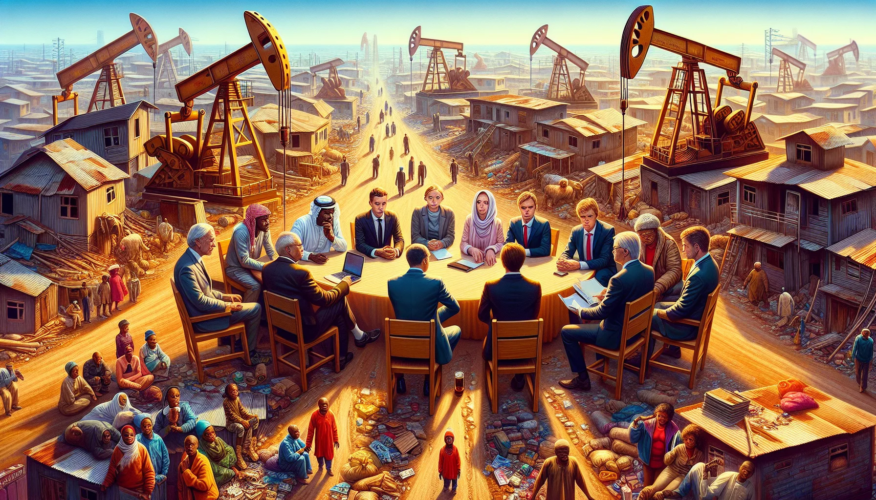 Иллюстрация к статье «Экономика Нигерии: Почему нефтяные доходы не решают проблему бедности?» — группа людей, обсуждающих экономические проблемы на фоне нефт…