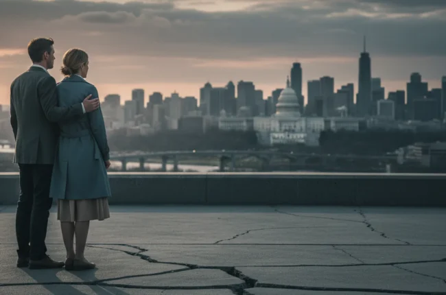 Иллюстрация к статье «Эпоха Трампа: 5 главных изменений в Америке, которые мы ощущаем до сих пор» — Мужчина и женщина (30-40 лет, славянская внешность) стоят…