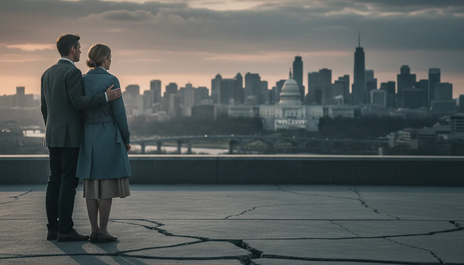 Иллюстрация к статье «Эпоха Трампа: 5 главных изменений в Америке, которые мы ощущаем до сих пор» — Мужчина и женщина (30-40 лет, славянская внешность) стоят…