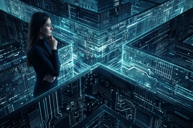 Иллюстрация к статье «Этические дилеммы искусственного интеллекта: как не заблудиться в моральном лабиринте технологий» — Женщина со славянской внешностью, 2…