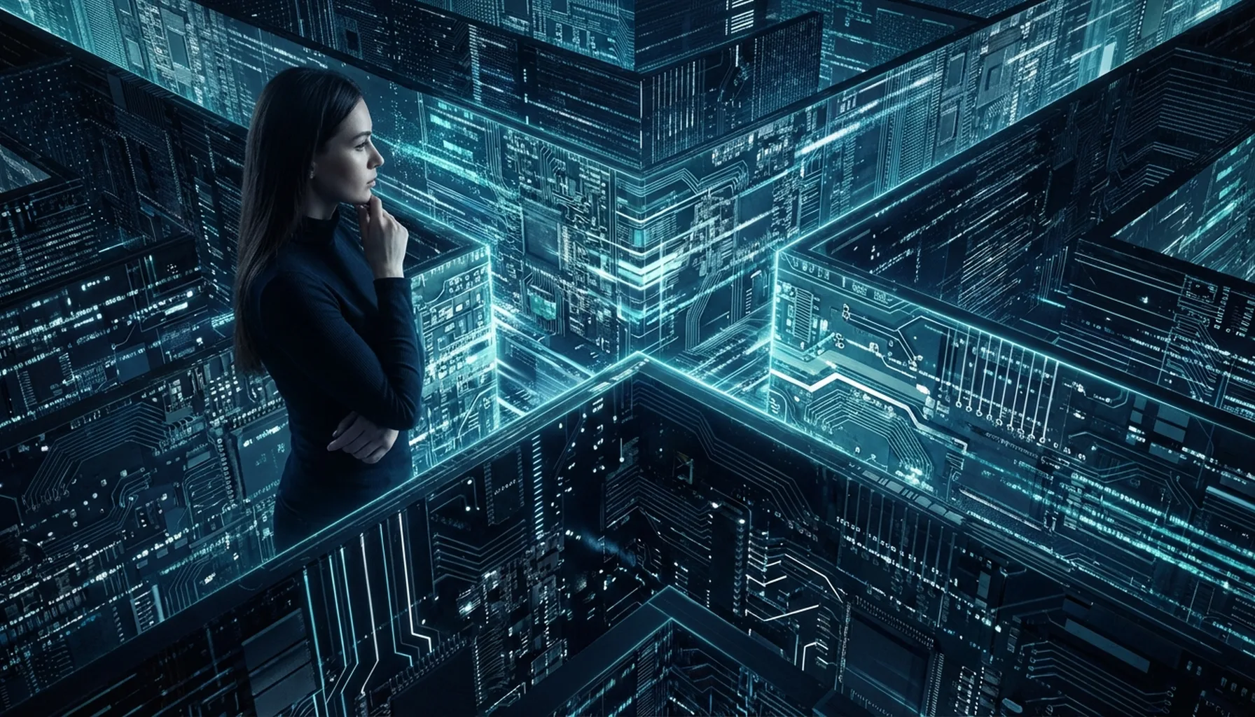 Иллюстрация к статье «Этические дилеммы искусственного интеллекта: как не заблудиться в моральном лабиринте технологий» — Женщина со славянской внешностью, 2…