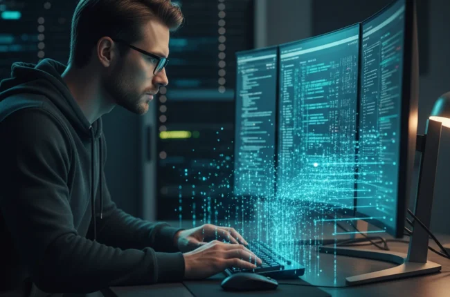 Иллюстрация к статье «Эффективная работа с Kimi API: установка и конфигурация CLI-инструментов» — Focused software developer with Slavic features (Eastern Eu…