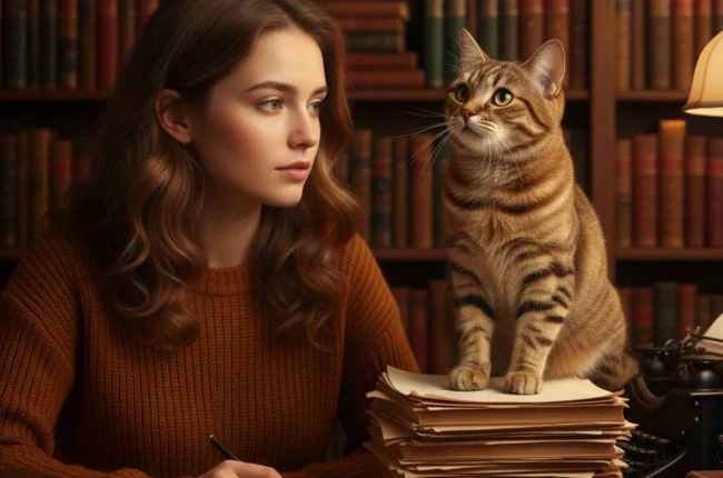 Иллюстрация к статье «Феномен Риты Мэй Браун: как писательница и ее кошка покорили мир детективов» — A focused female writer with Slavic appearance (soft fac…