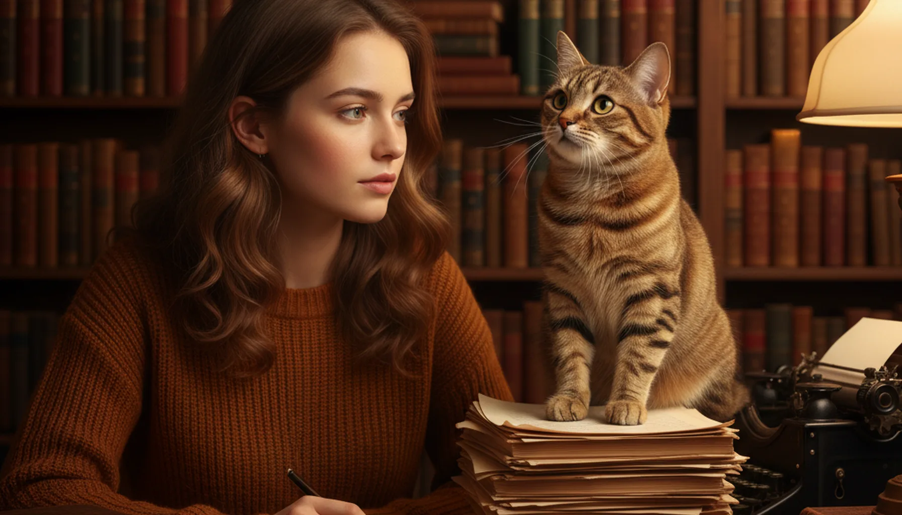 Иллюстрация к статье «Феномен Риты Мэй Браун: как писательница и ее кошка покорили мир детективов» — A focused female writer with Slavic appearance (soft fac…