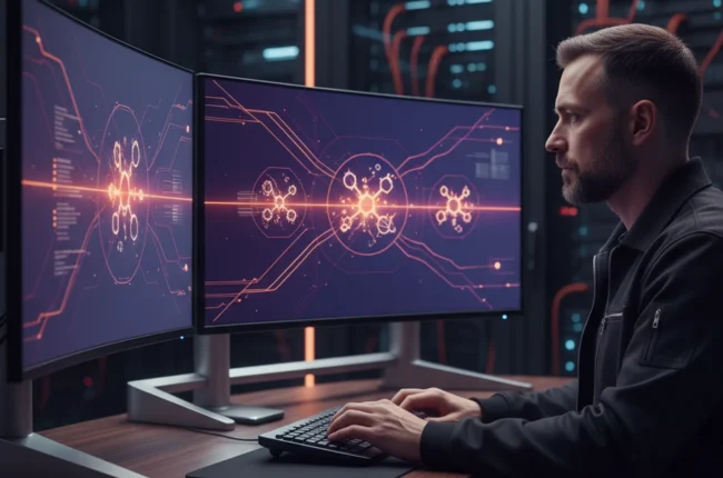 Иллюстрация к статье «Matrix, Rocket.Chat или Mattermost? Выбираем идеальный Open Source мессенджер для Ubuntu» — A focused IT professional with Slavic (East…