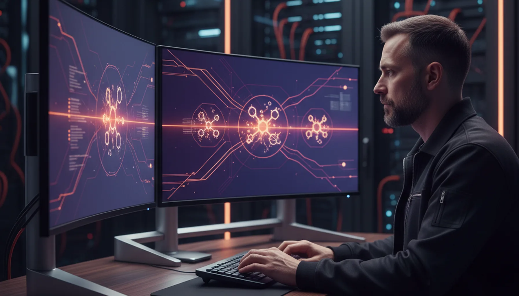 Иллюстрация к статье «Matrix, Rocket.Chat или Mattermost? Выбираем идеальный Open Source мессенджер для Ubuntu» — A focused IT professional with Slavic (East…